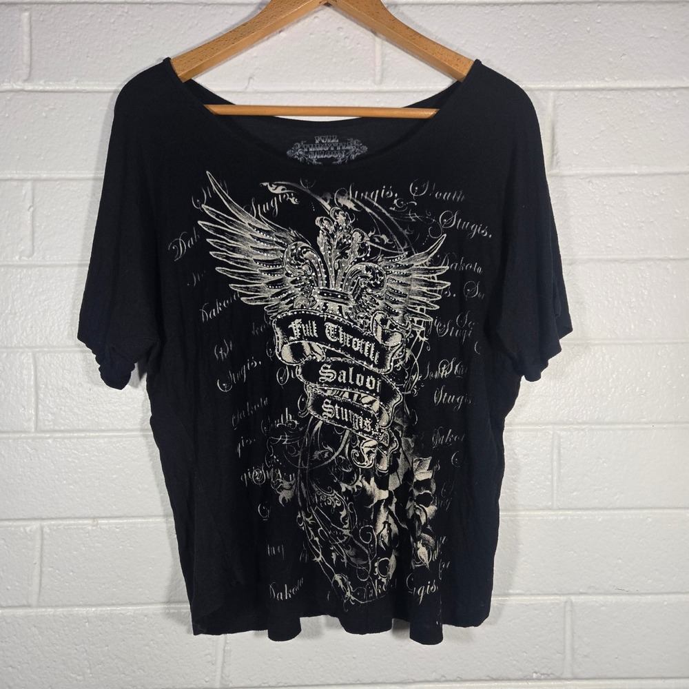 Y2K Full Throttle Saloon‎ Graphic T-Shirt Embellished Rhinestone Oversized Biker